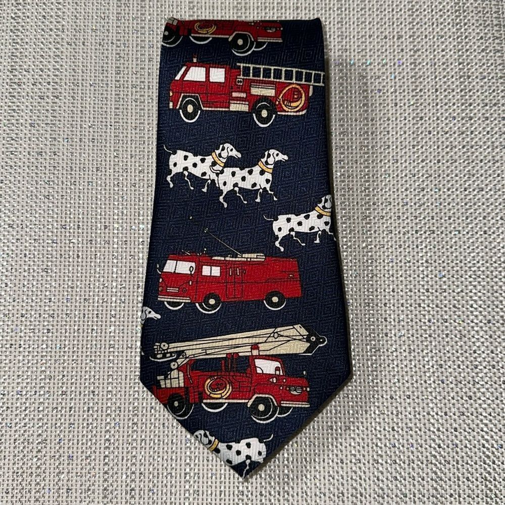 RENAISSANCE Navy Ivory Red White Black Yellow Fire Truck Dalmatians Woven Tie